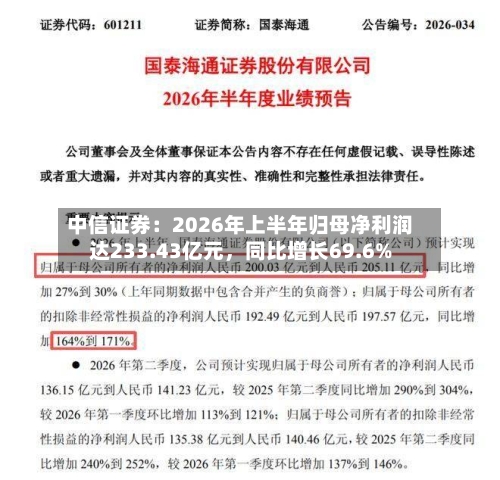 中信证券：2026年上半年归母净利润达233.43亿元，同比增长69.6%
