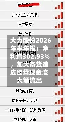 大为股份2026年半年报：净利增302.93%，加大备货造成经营现金流大额流出
