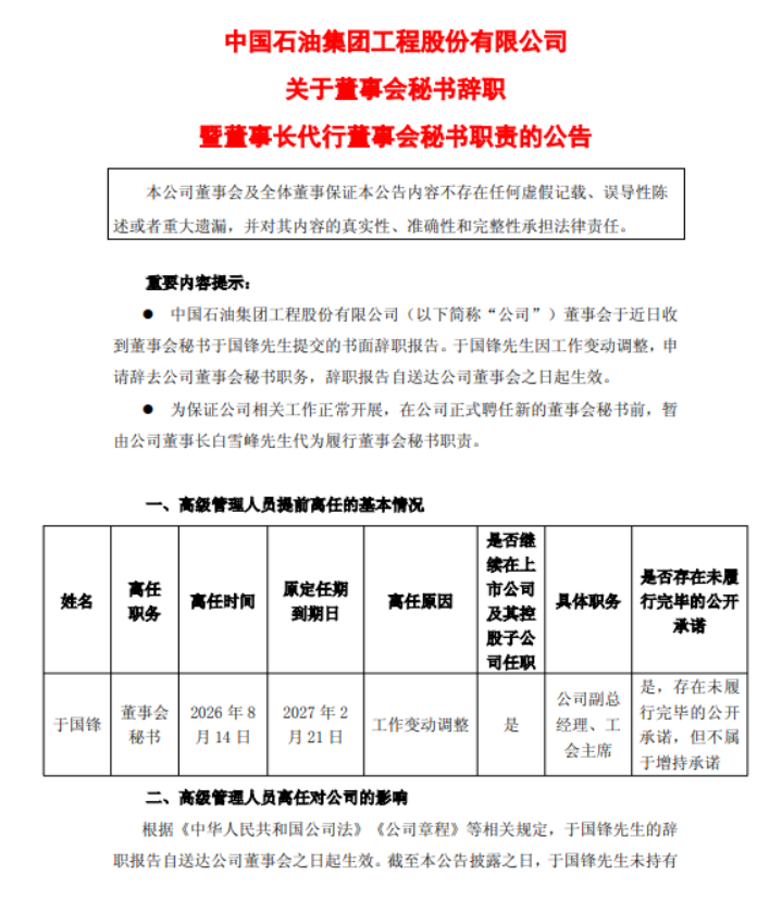 近期石油企业人事变动